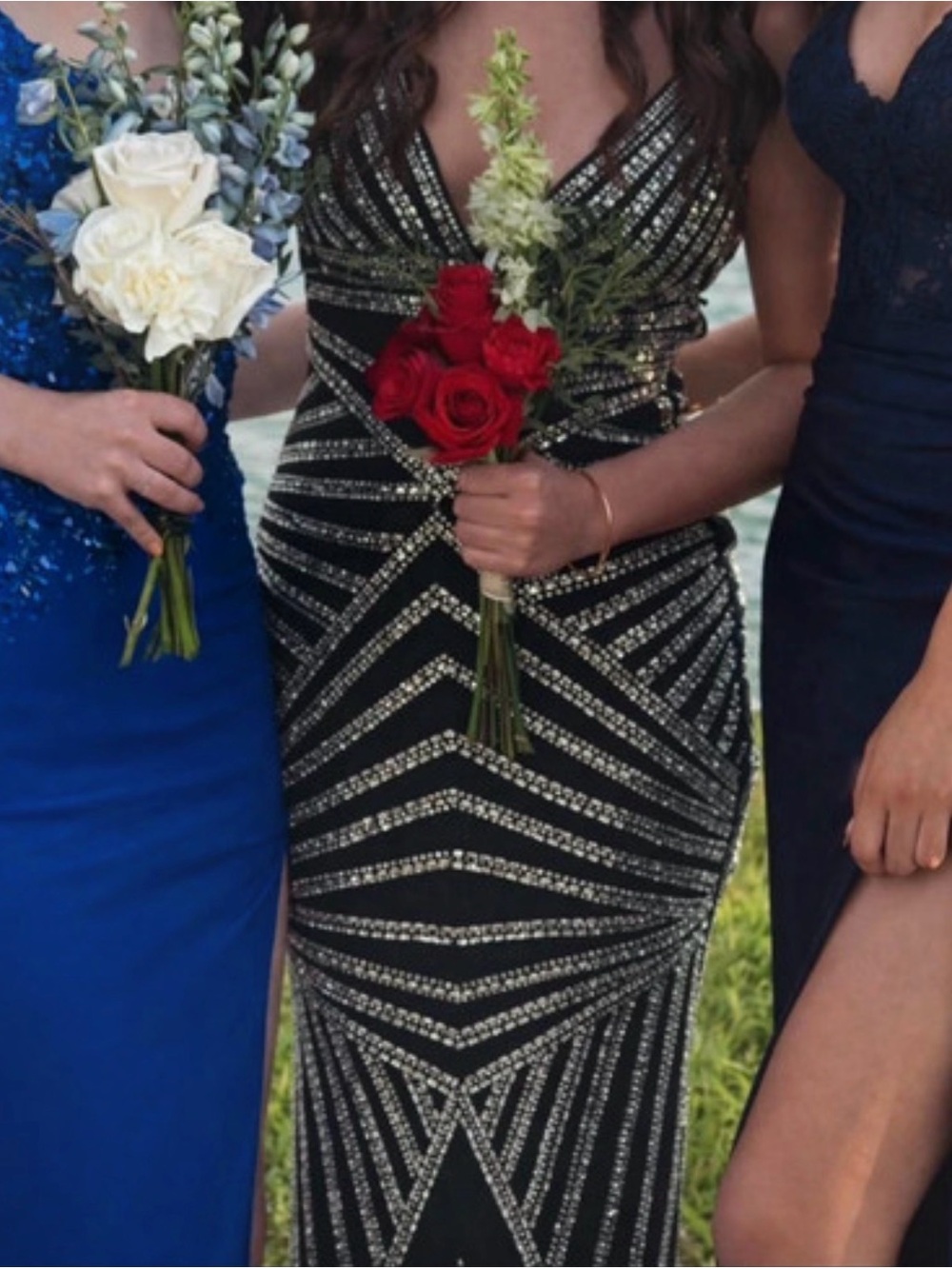 Dark Green Beaded V-Neck Evening Dress - Brand Unspecified